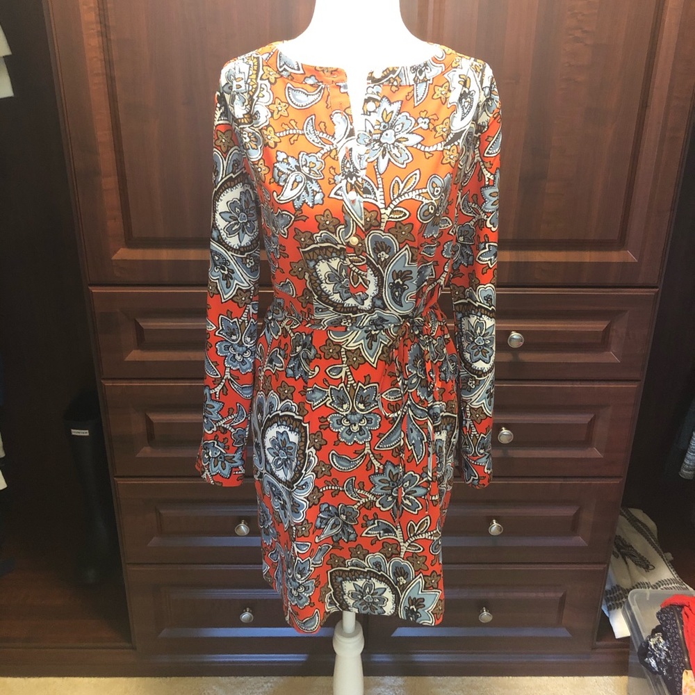 Long Sleeve Orange Paisley Print Dress